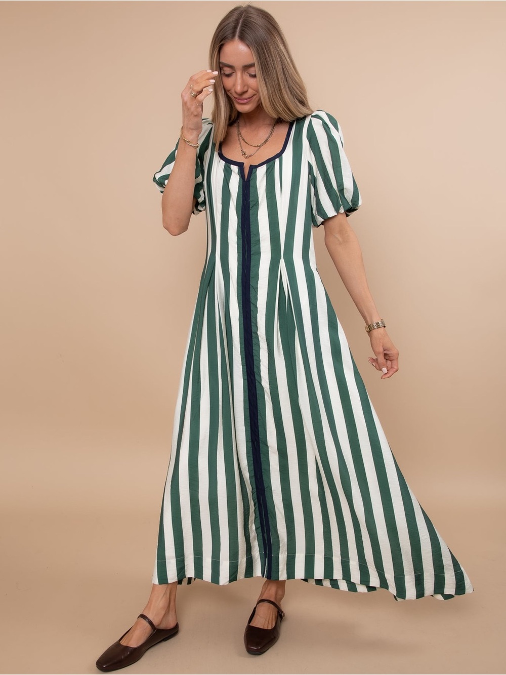 TCEC Green, White & Navy Vertical Stripe Puff Sleeve Maxi Dress